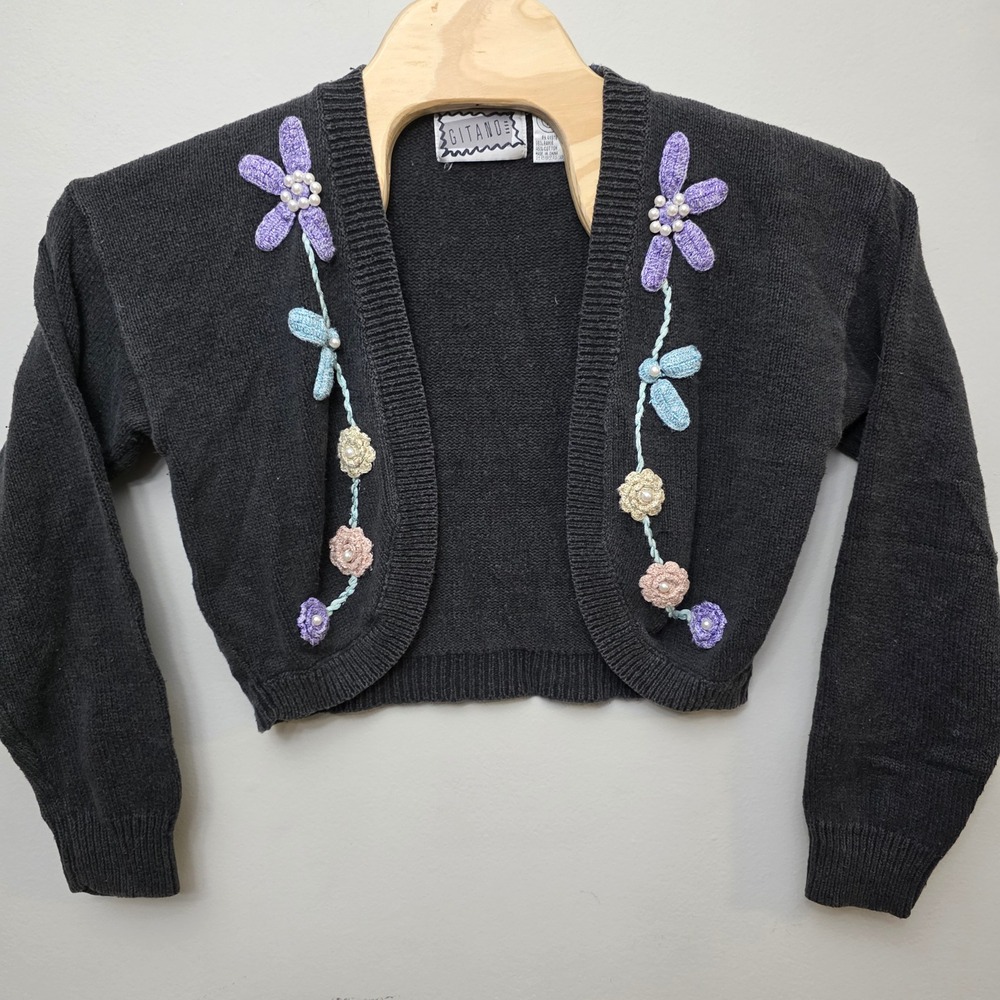Vintage Gitano Cardigan Women Medium Black 90s Cropped Floral Applique Pearl